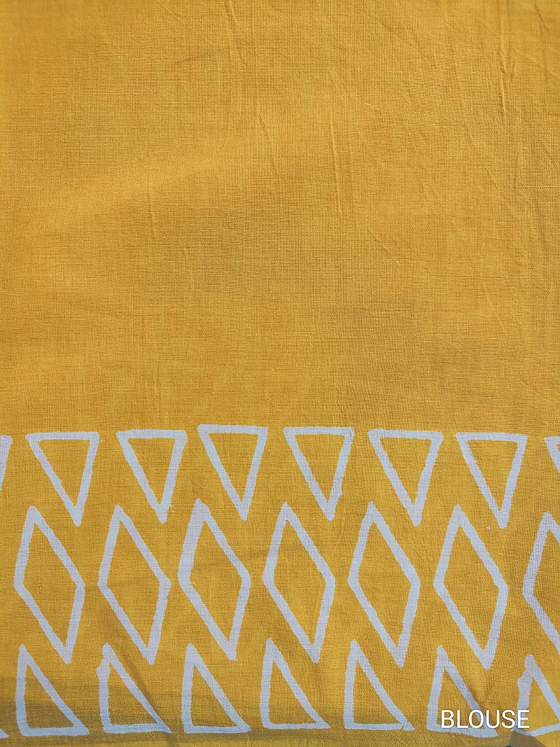 Drizzle in Backyard - Yellow Hand Block Print Mulmul Cotton Bagru Saree