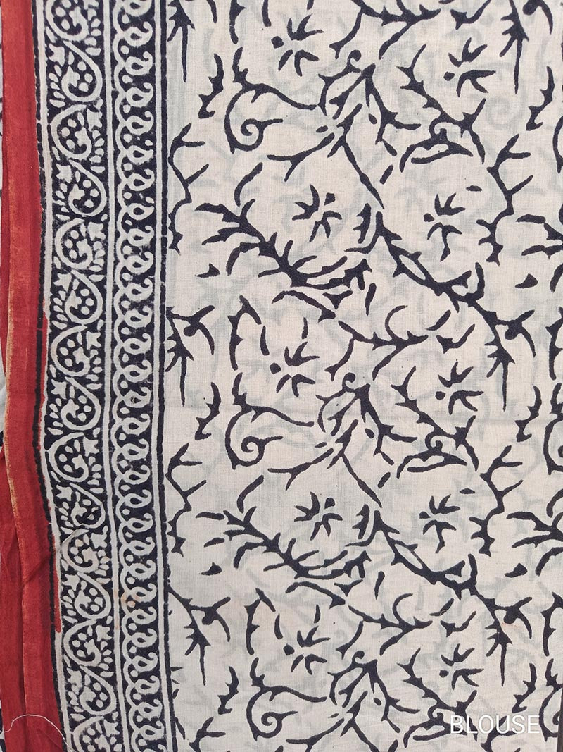 Floral Forage - Hand Block Print Mulmul Cotton Bagru Saree