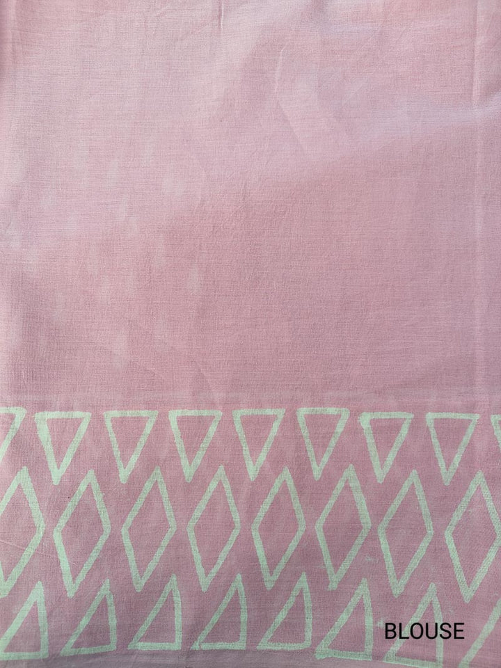 Drizzle in Backyard - Pink Hand Block Print Mulmul Cotton Bagru Saree