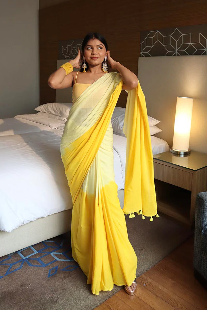 Golden hour - Mulmul Cotton Pre-stitched Ready to Wear Saree with Pocket