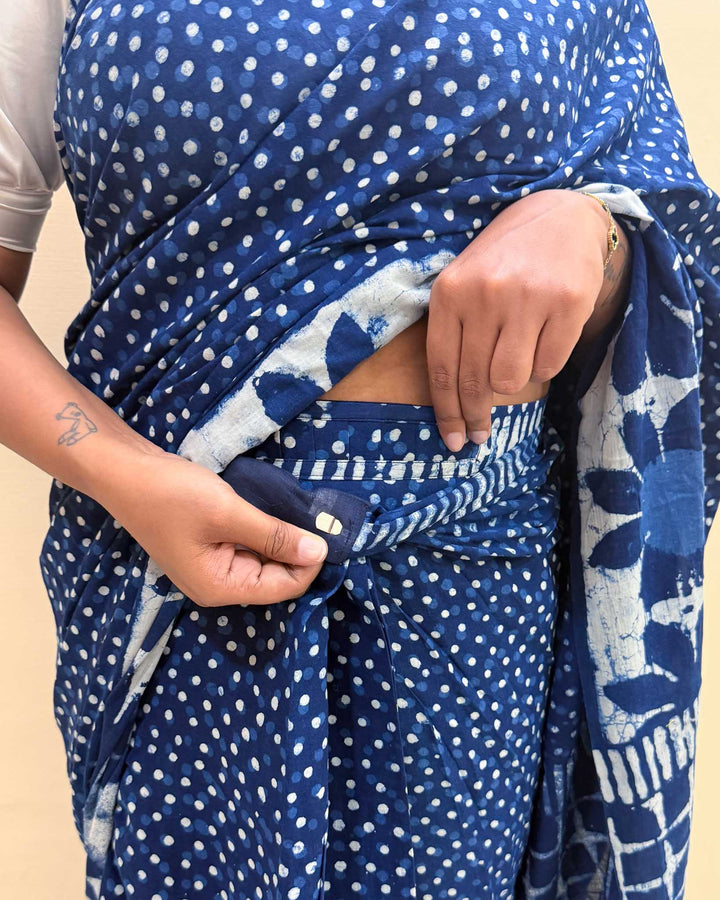 Dot & Bloom Hand Block Print Mulmul Cotton Pre-stitched Ready to Wear Saree with Pocket