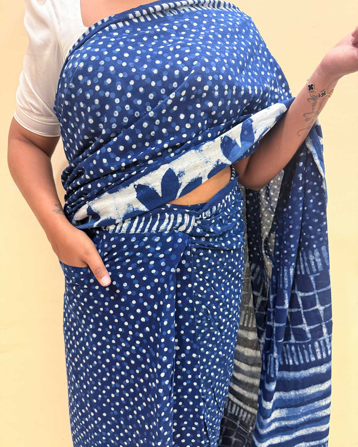 Dot & Bloom Hand Block Print Mulmul Cotton Pre-stitched Ready to Wear Saree with Pocket