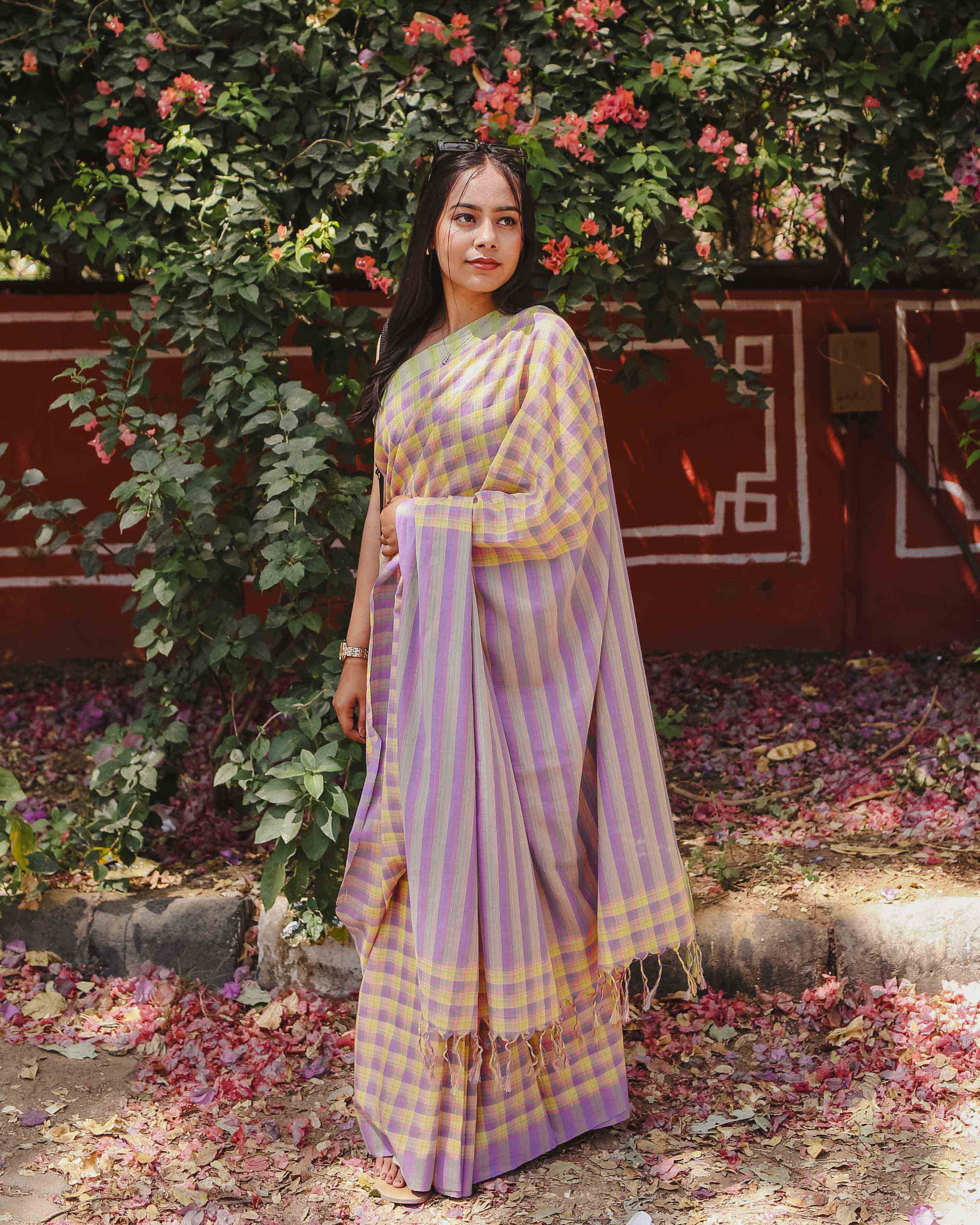 First Light - Lavender & Yellow Checked Organic Cotton Saree – Moora