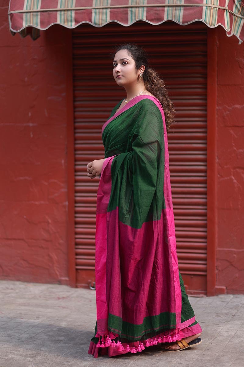 Emerald & Pink Handwoven Mulmul Cotton Saree