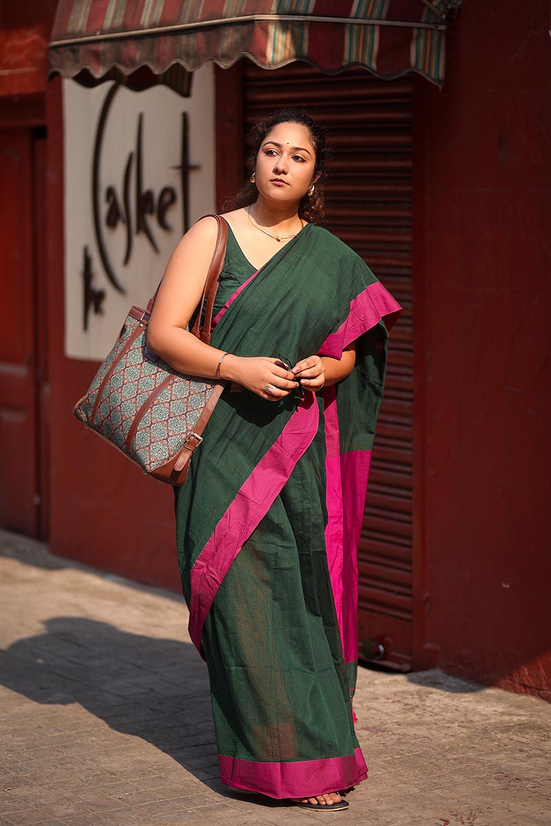 Emerald & Pink Handwoven Mulmul Cotton Saree