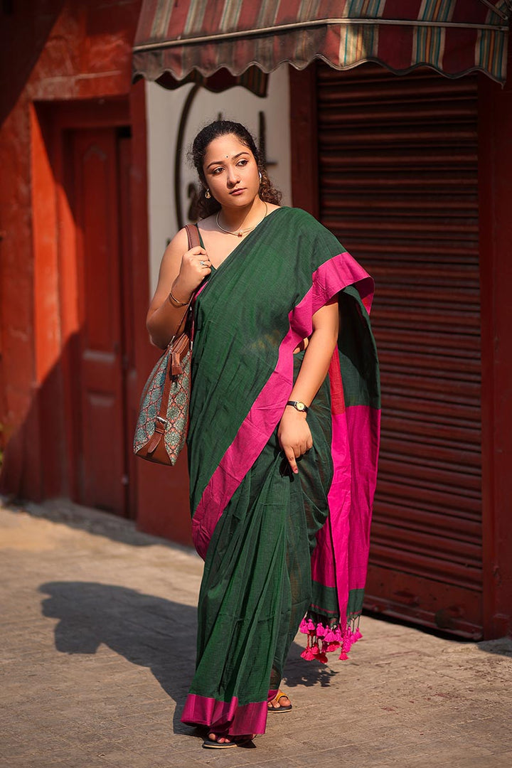 Emerald & Pink Handwoven Mulmul Cotton Saree