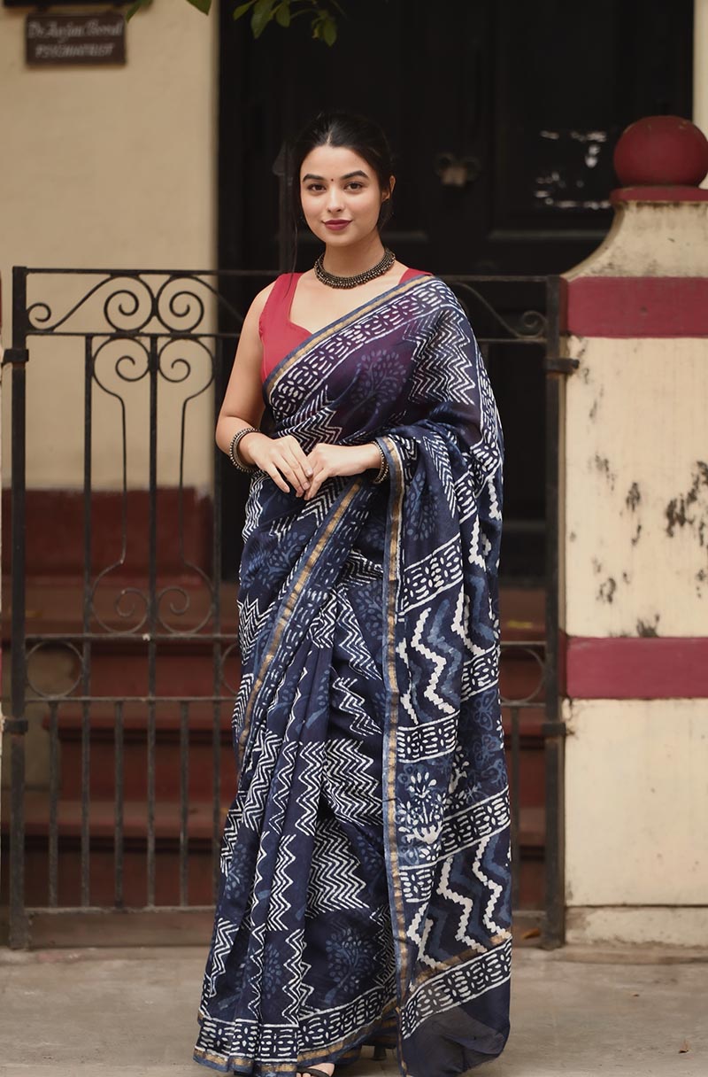 Indigo Waves - Hand Block Print Chanderi Silk Bagru Saree