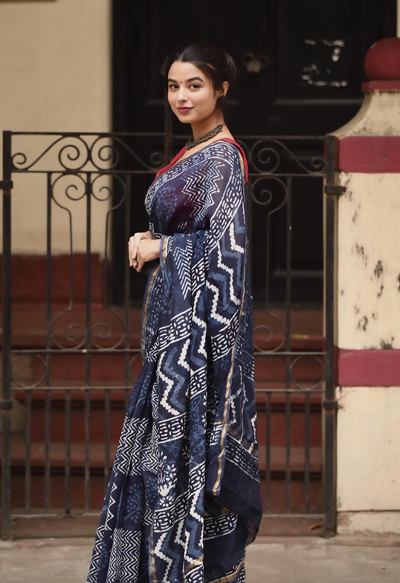 Indigo Waves - Hand Block Print Chanderi Silk Bagru Saree