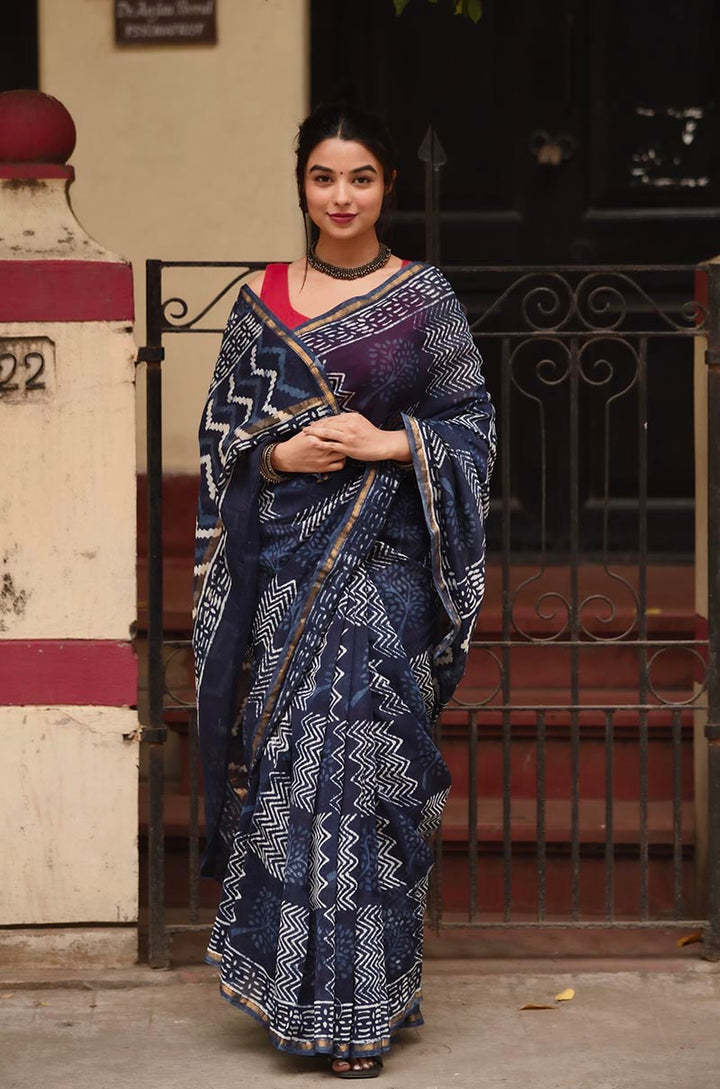 Indigo Waves - Hand Block Print Chanderi Silk Bagru Saree