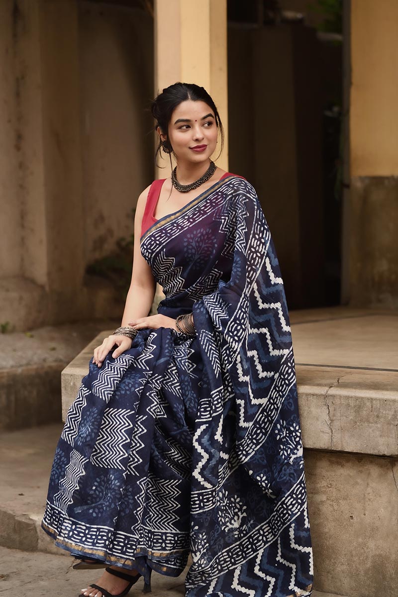 Indigo Waves - Hand Block Print Chanderi Silk Bagru Saree