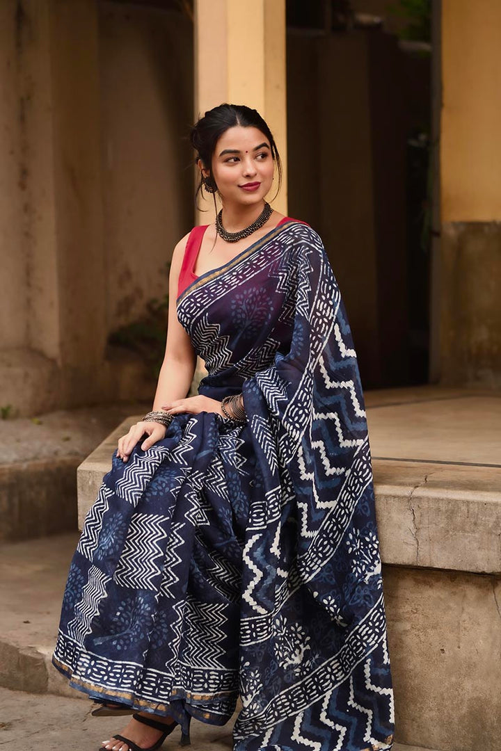 Indigo Waves - Hand Block Print Chanderi Silk Bagru Saree