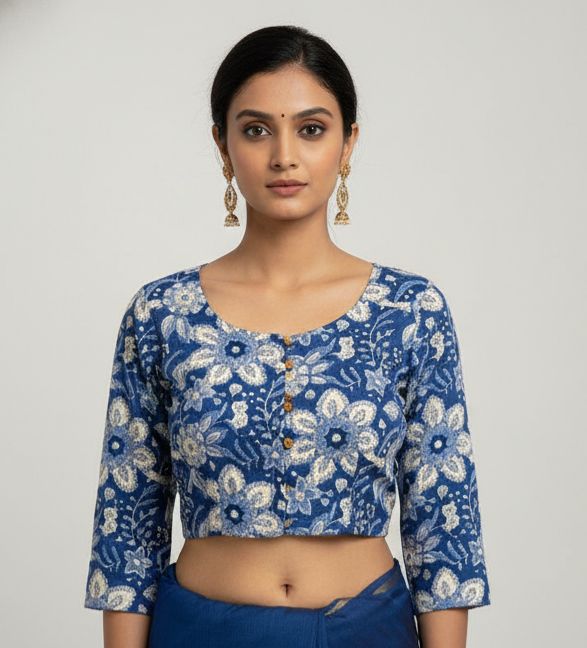 Indigo Blue Floral Cotton Readymade Blouse with Elbow Sleeves