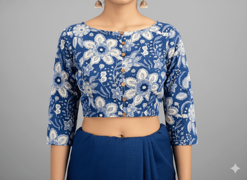 Indigo Blue Floral Cotton Readymade Blouse with Elbow Sleeves