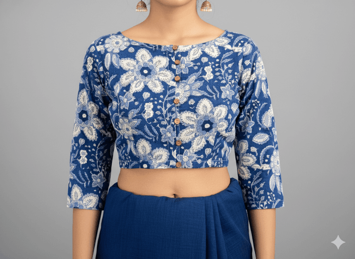 Indigo Blue Floral Cotton Readymade Blouse with Elbow Sleeves