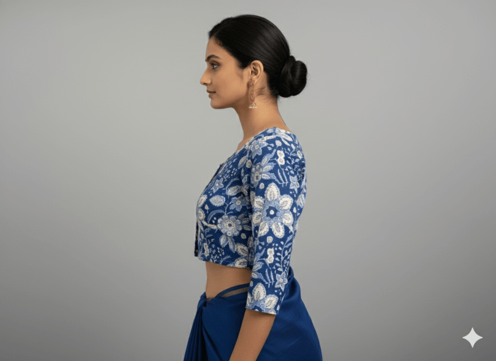 Indigo Blue Floral Cotton Readymade Blouse with Elbow Sleeves