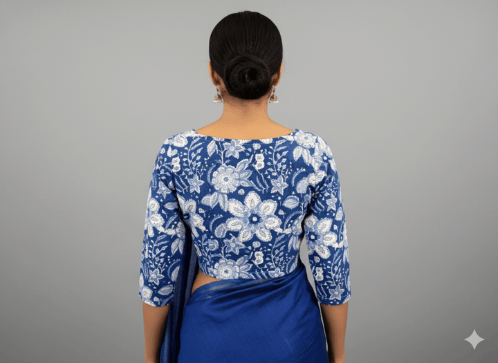 Indigo Blue Floral Cotton Readymade Blouse with Elbow Sleeves