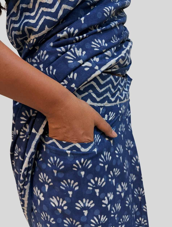 Indigo Muse - Dabu Hand Block Print Mulmul Cotton Pre-stitched Ready to Wear Saree with Pocket