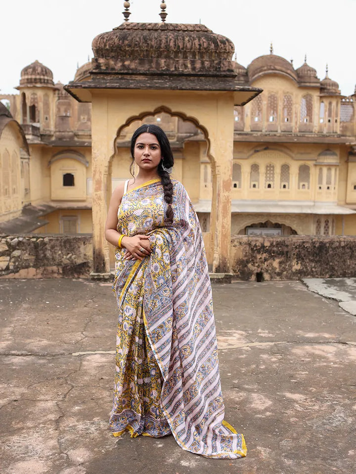 Jasmine Joy - Hand Block Print Chanderi Silk Saree