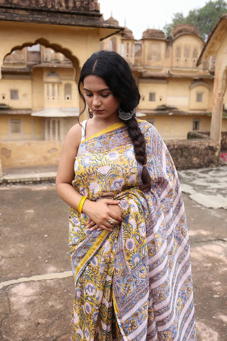 Jasmine Joy - Hand Block Print Chanderi Silk Saree