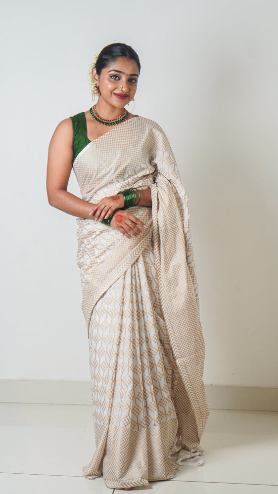 Kavya White Gold Mulmul Cotton Hand Block Print Saree