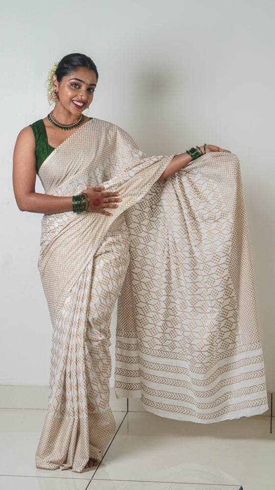 Kavya White Gold Mulmul Cotton Hand Block Print Saree