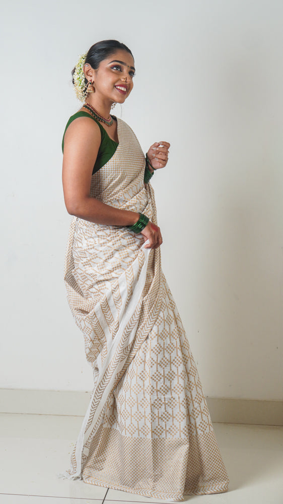 Kavya White Gold Mulmul Cotton Hand Block Print Saree