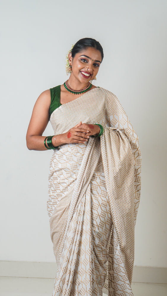 Kavya White Gold Mulmul Cotton Hand Block Print Saree