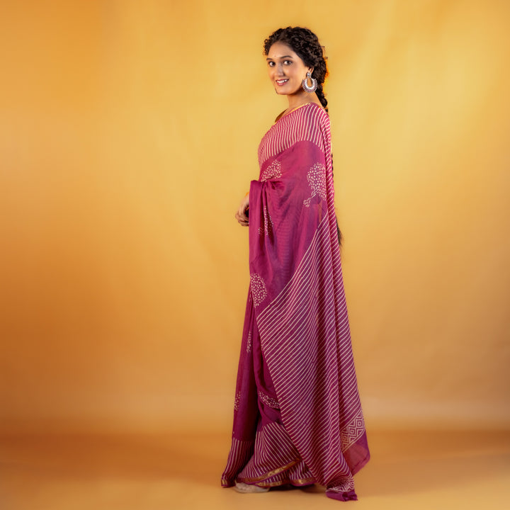 Kumudini Block Printed Saree with Zari border