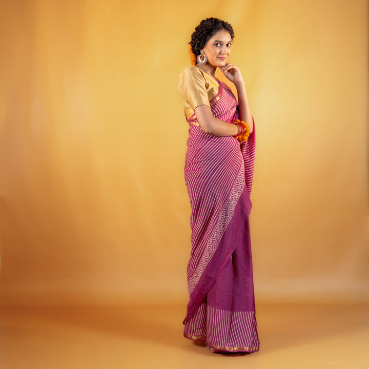 Kumudini Block Printed Saree with Zari border