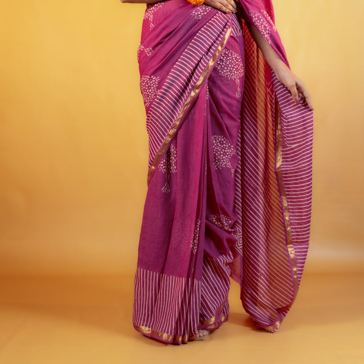 Kumudini Block Printed Saree with Zari border