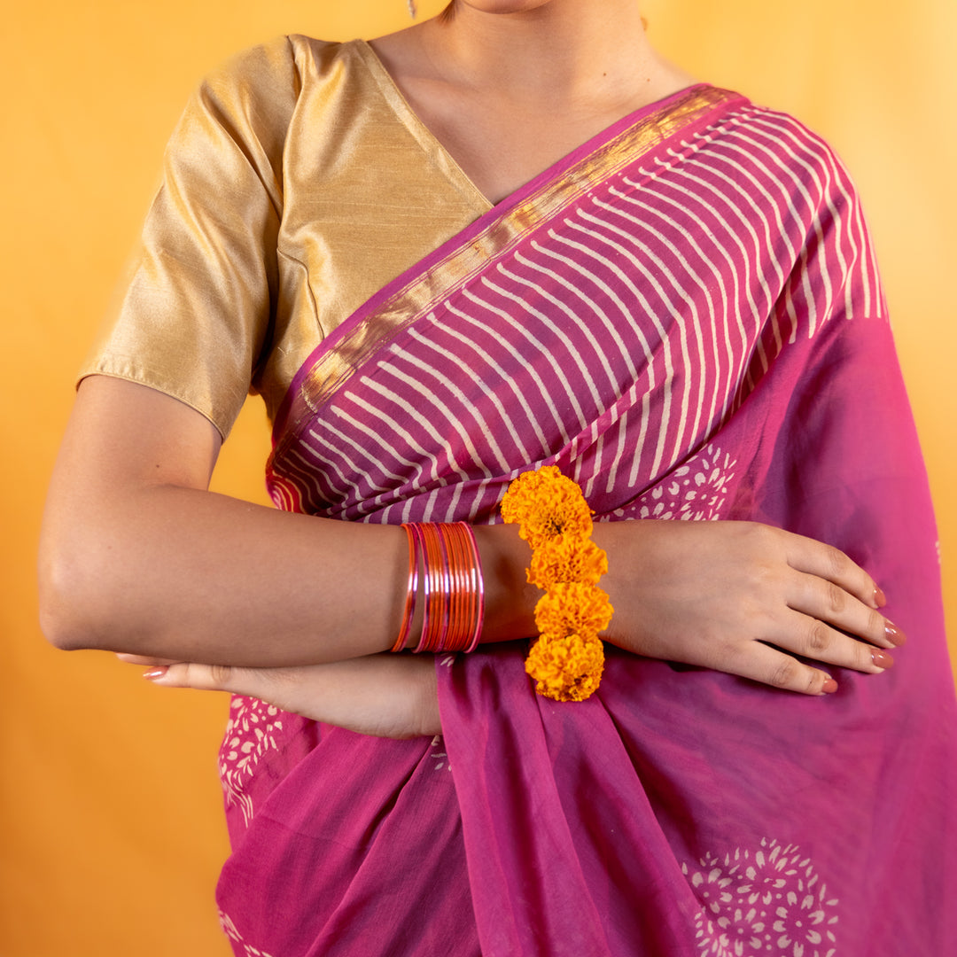 Kumudini Block Printed Saree with Zari border