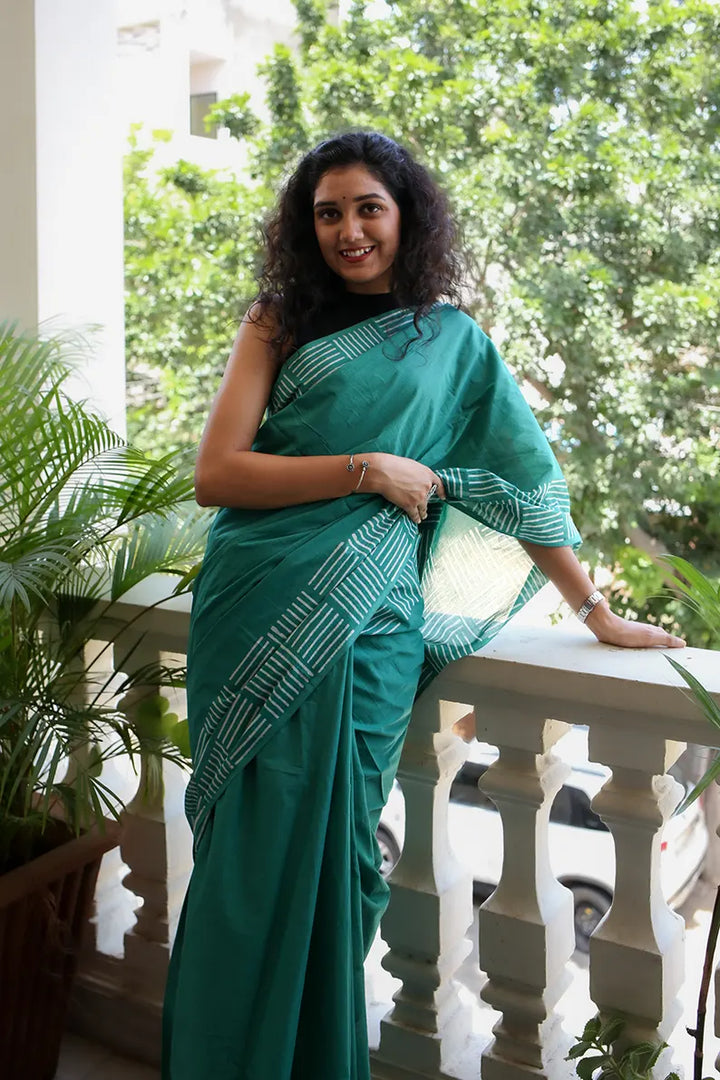 Lady in Green - Hand Block Print Mulmul Cotton Bagru Saree