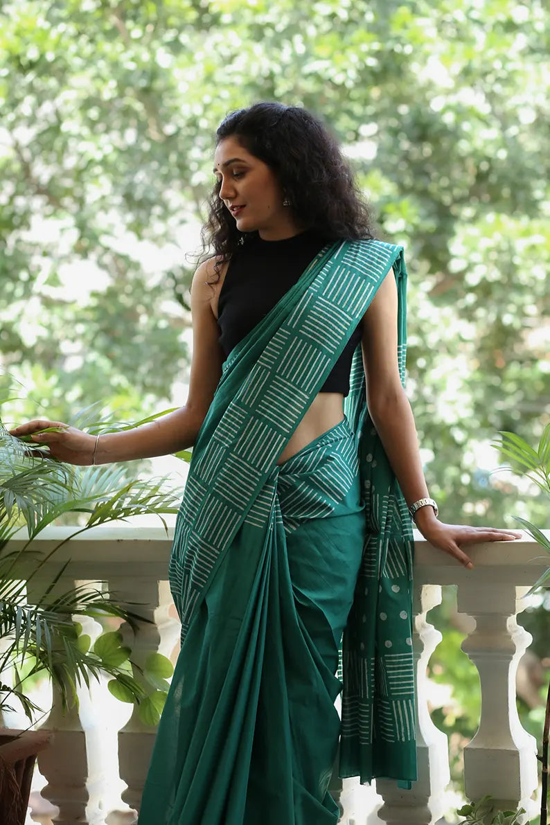 Lady in Green - Hand Block Print Mulmul Cotton Bagru Saree