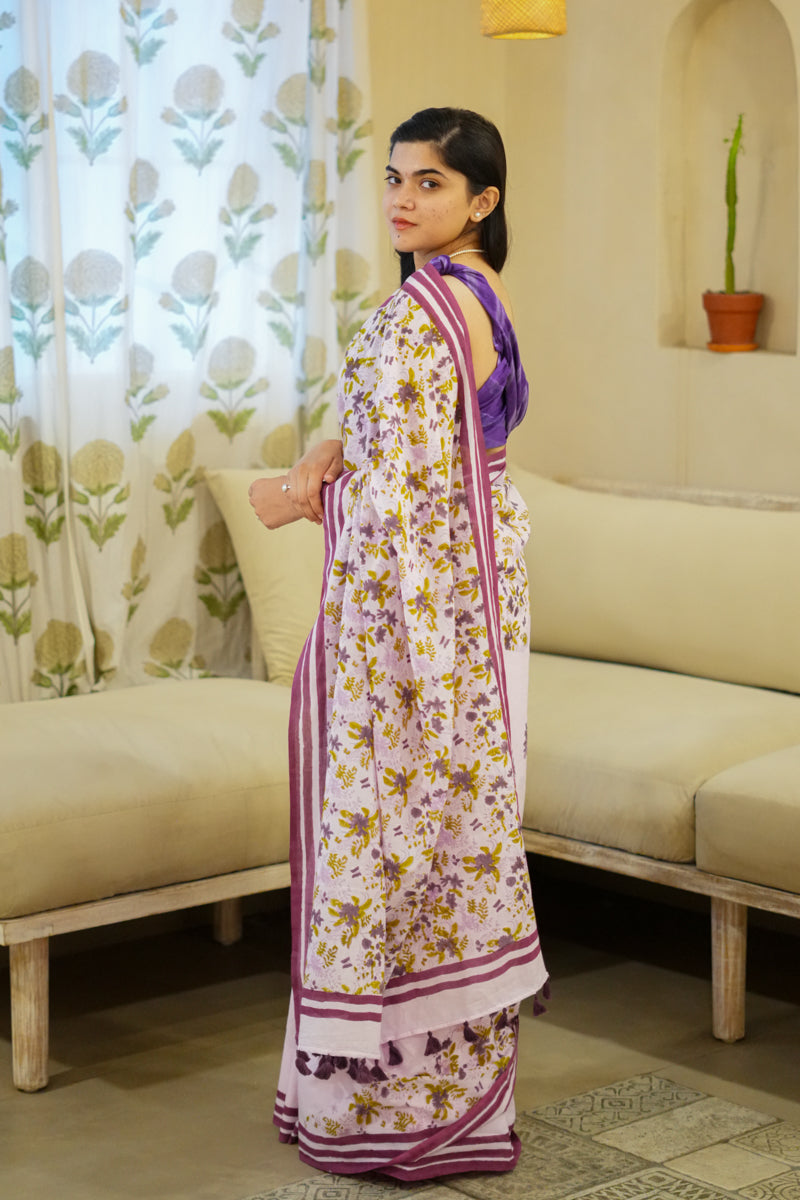 Lavender Blooms Hand Block Print Mulmul Cotton Saree