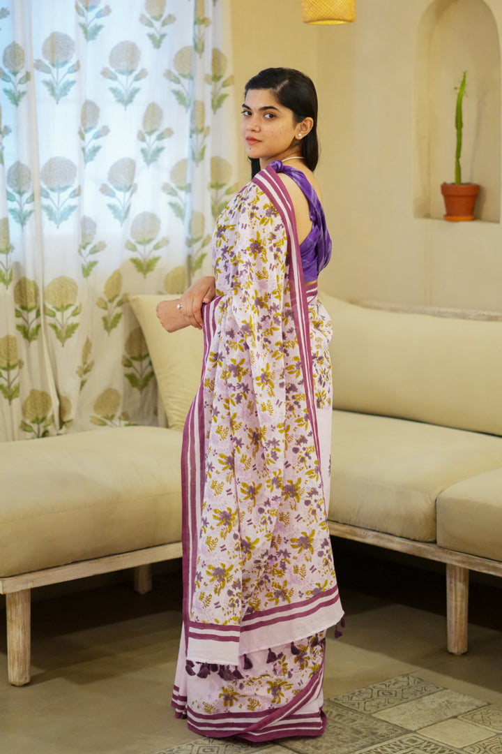 Lavender Blooms Hand Block Print Mulmul Cotton Saree