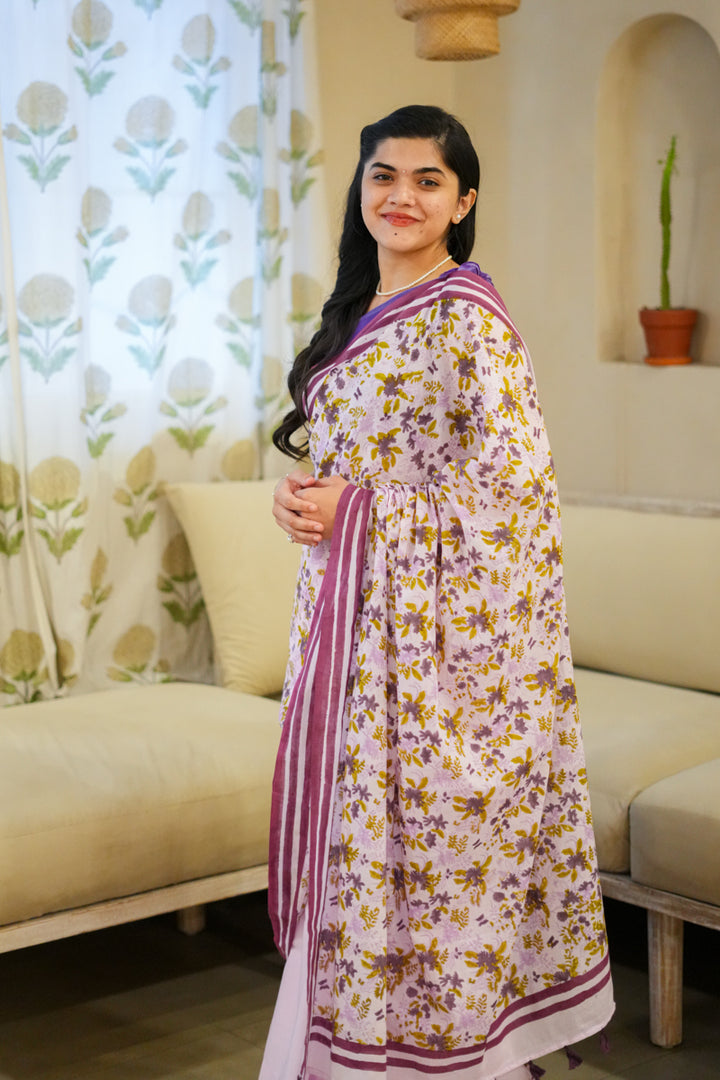 Lavender Blooms Hand Block Print Mulmul Cotton Saree
