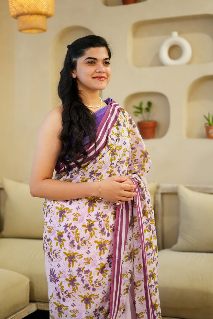 Lavender Blooms Hand Block Print Mulmul Cotton Saree