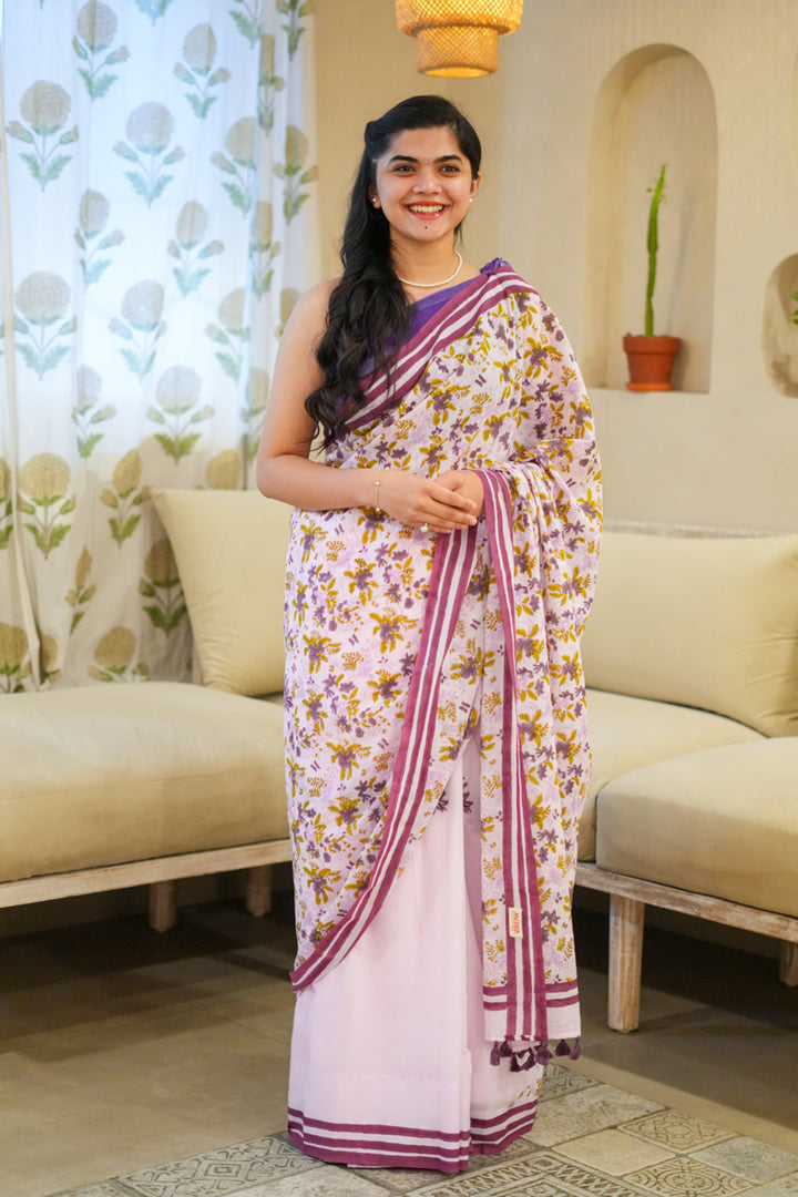 Lavender Blooms Hand Block Print Mulmul Cotton Saree