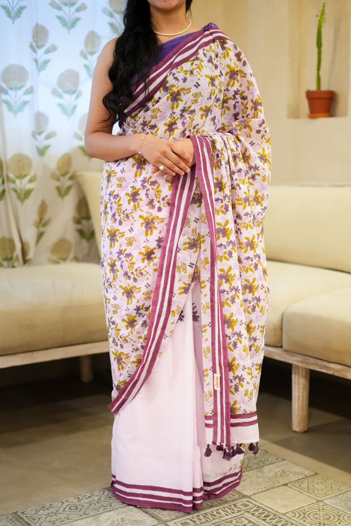 Lavender Blooms Hand Block Print Mulmul Cotton Saree