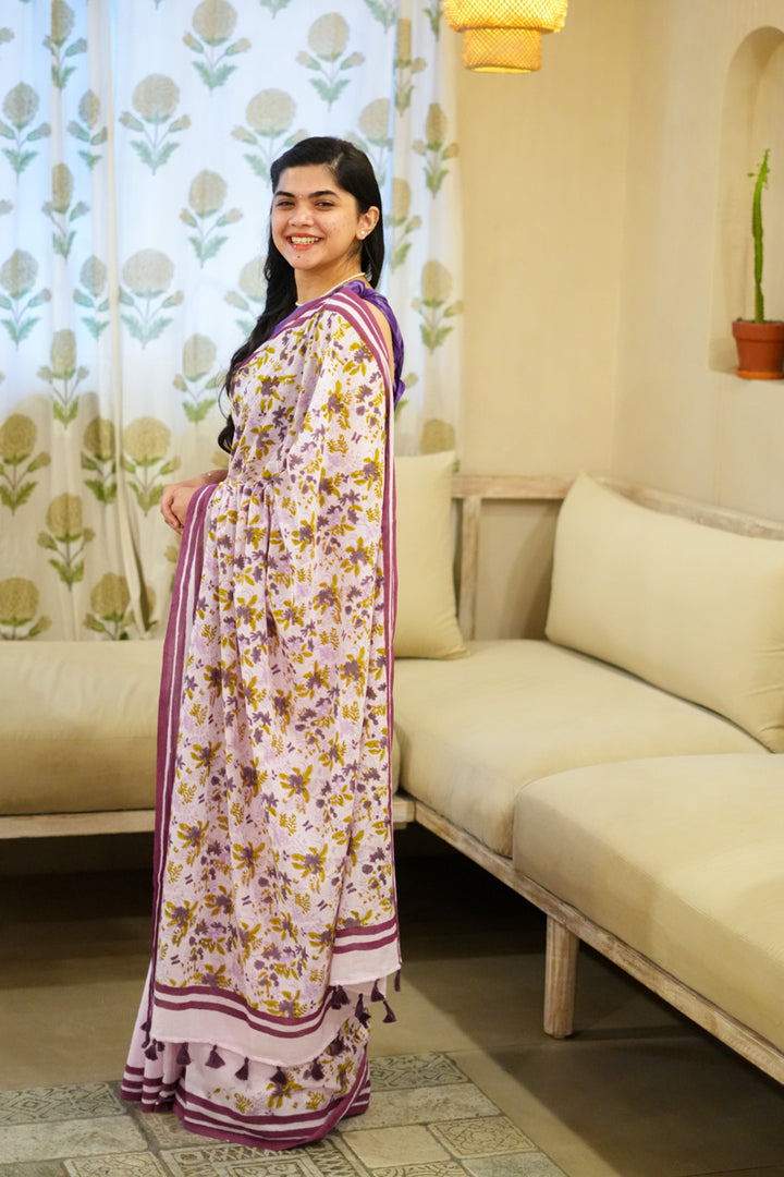 Lavender Blooms Hand Block Print Mulmul Cotton Saree