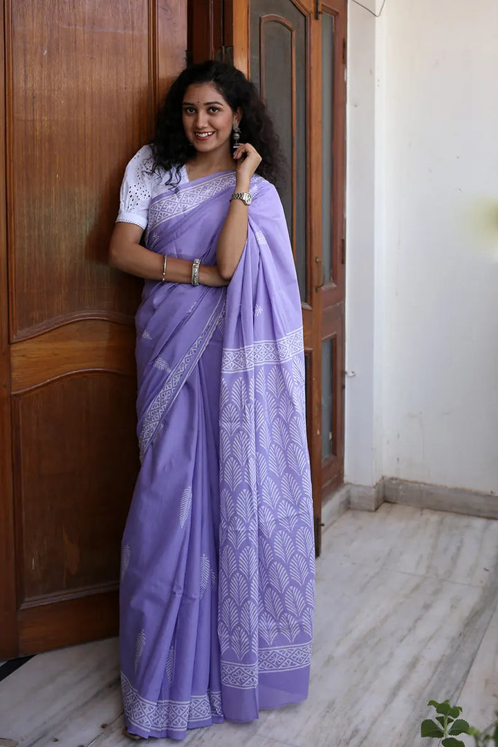 Pretty in Lilac - Hand Block Print Mulmul Cotton Bagru Saree