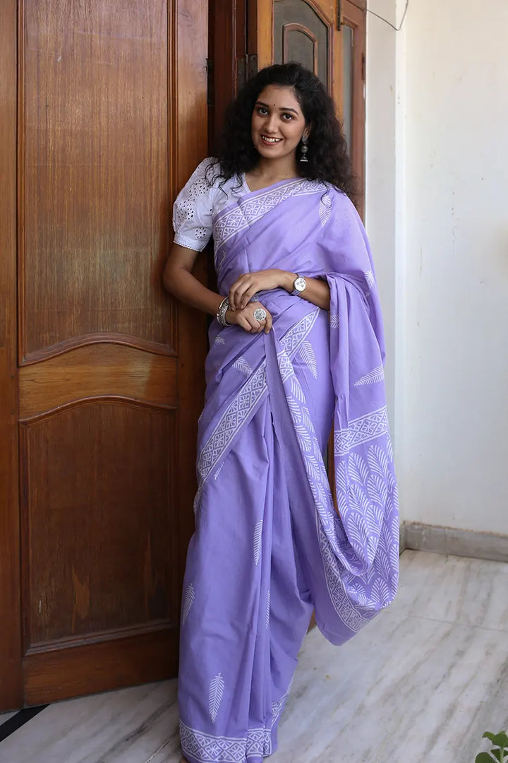 Pretty in Lilac - Hand Block Print Mulmul Cotton Bagru Saree