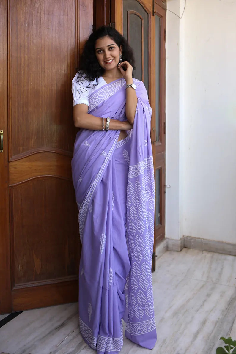 Pretty in Lilac - Hand Block Print Mulmul Cotton Bagru Saree