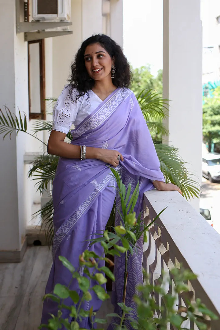 Pretty in Lilac - Hand Block Print Mulmul Cotton Bagru Saree