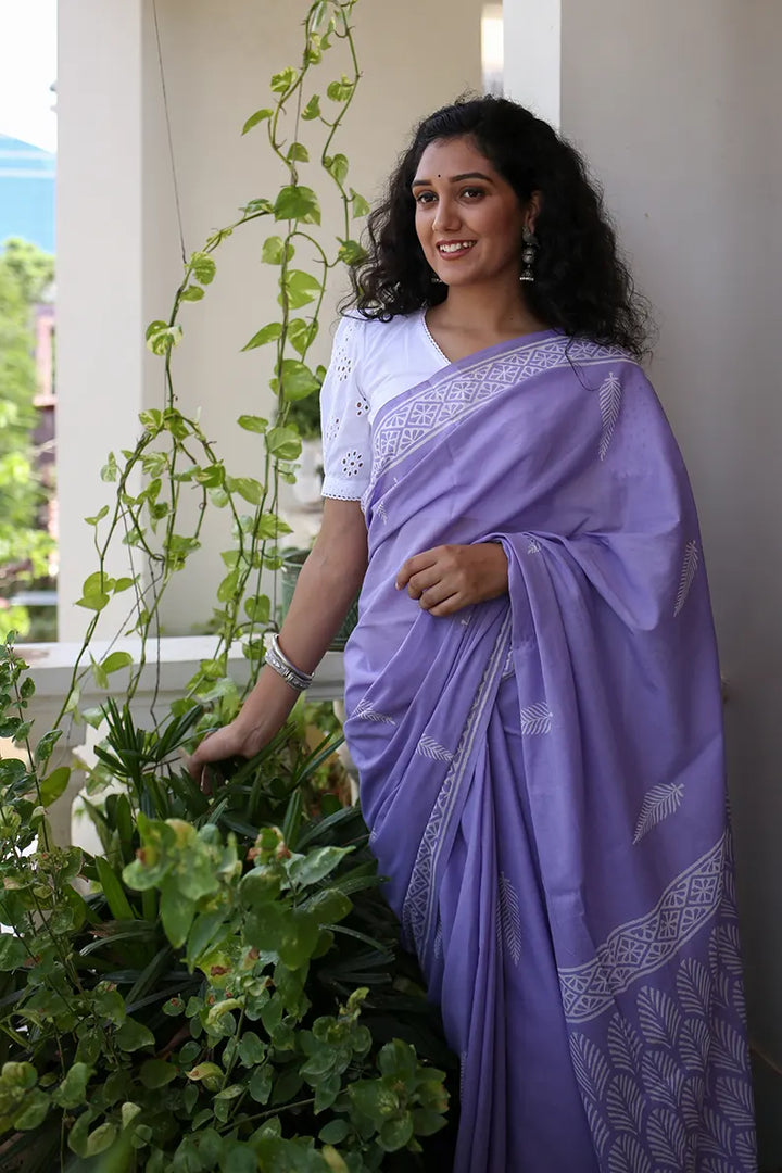 Pretty in Lilac - Hand Block Print Mulmul Cotton Bagru Saree