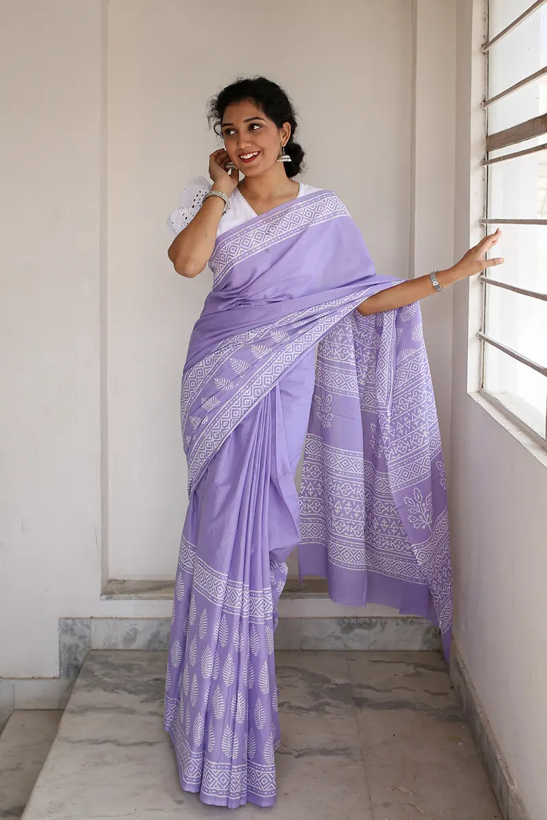 Lilac Dreams - Hand Block Print Mulmul Cotton Bagru Saree