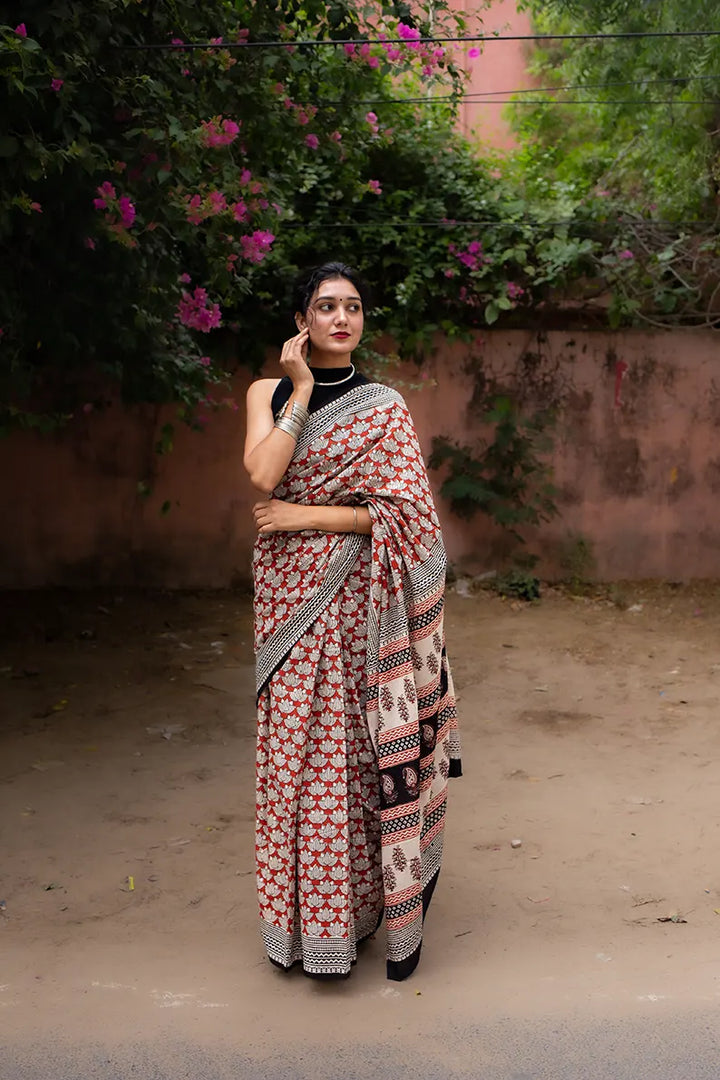 Lotus Sutra - Hand Block Print Mulmul Cotton Bagru Saree