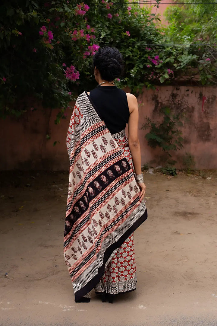 Lotus Sutra - Hand Block Print Mulmul Cotton Bagru Saree