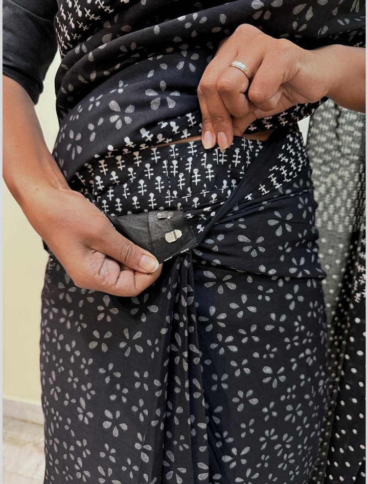 Luna Hand Block Print Mulmul Cotton Pre-stitched Ready to Wear Saree with Pocket