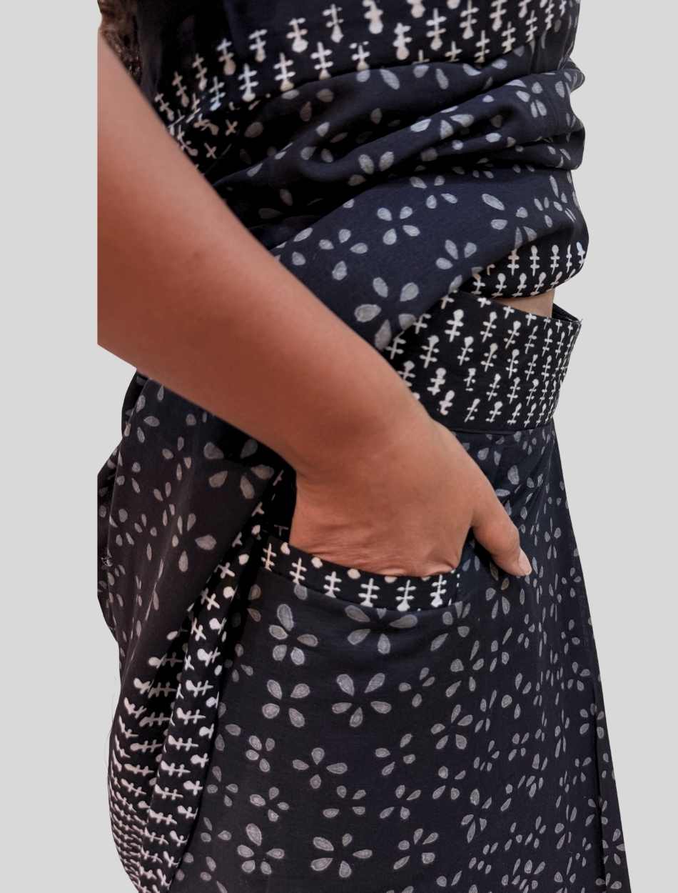 Luna Hand Block Print Mulmul Cotton Pre-stitched Ready to Wear Saree with Pocket